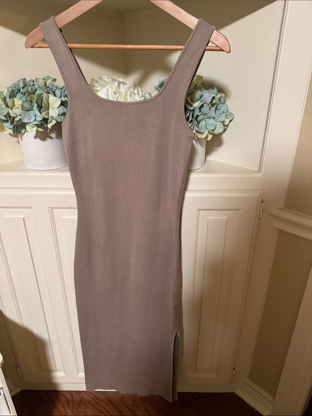 Sleeveless Taupe Midi Dress with Side Slit